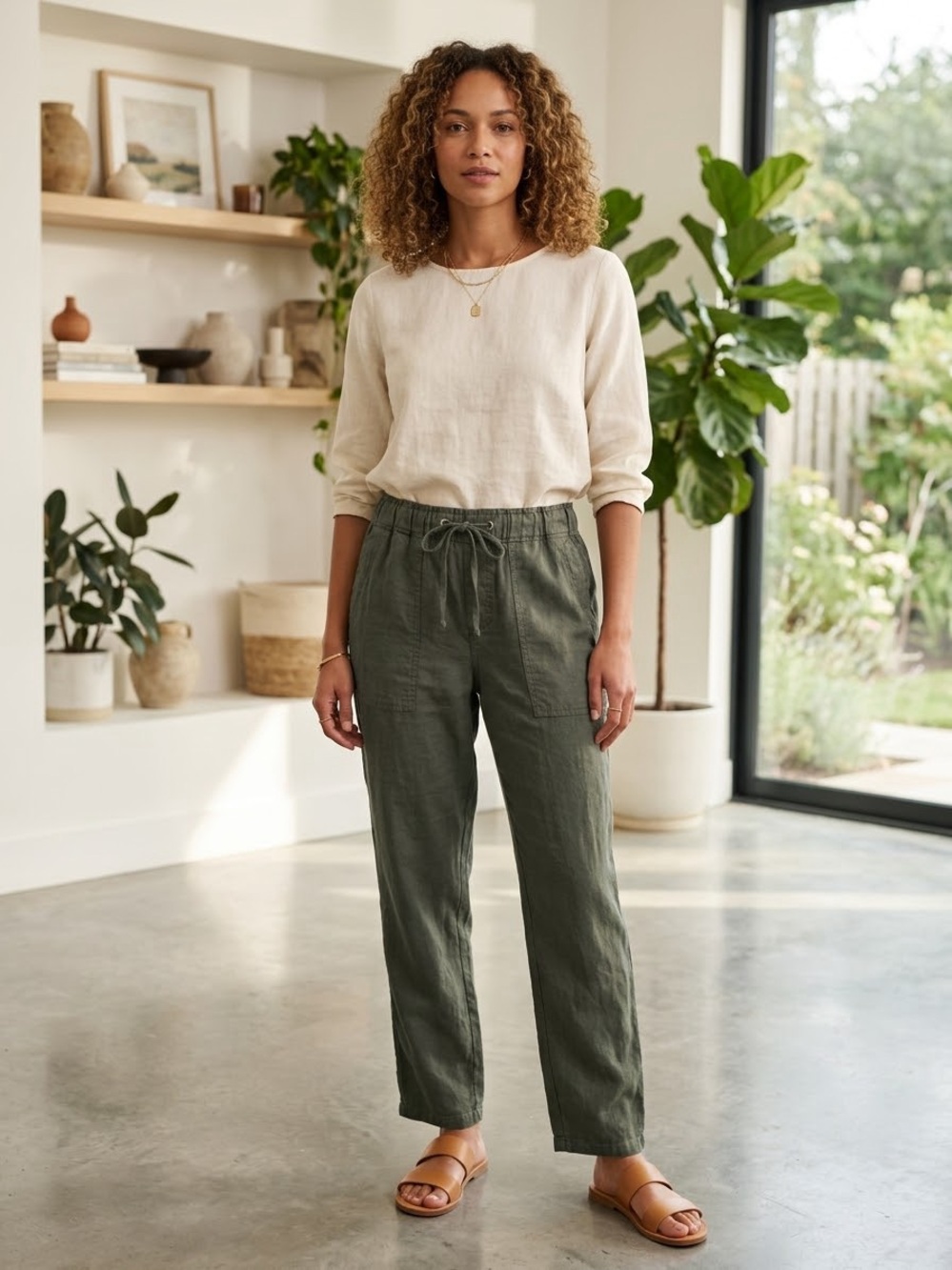 Kut from the Kloth Olive Drawstring Linen Ankle Pants